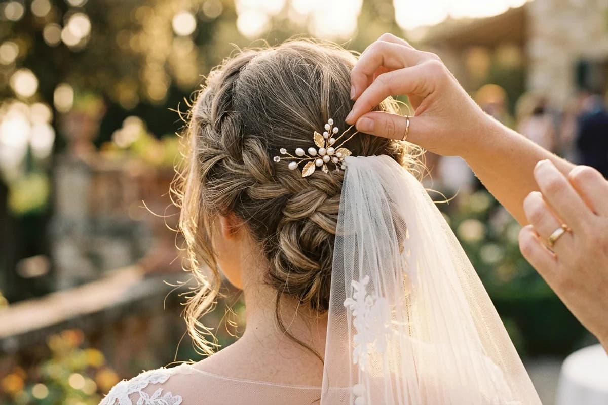 A pin being set into a soft bridal updo, seen from behind