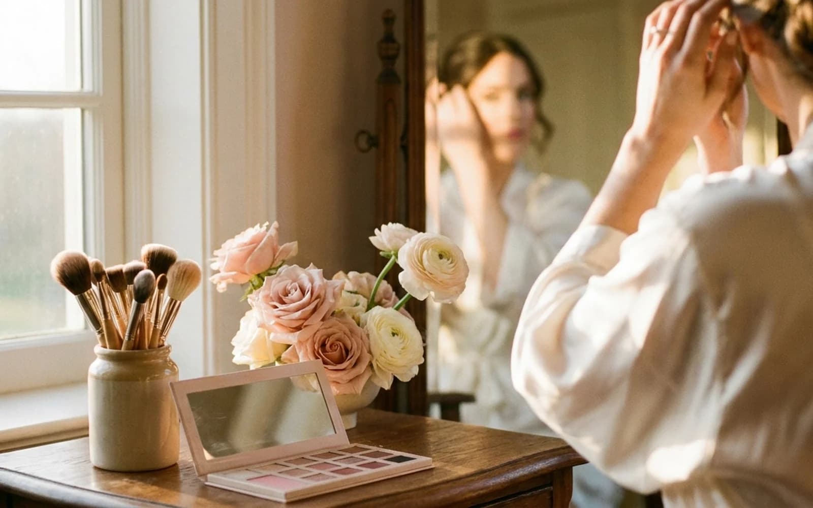 Bridal makeup brushes and a blush palette on a vanity with a bride softly out of focus behind, Adelaide