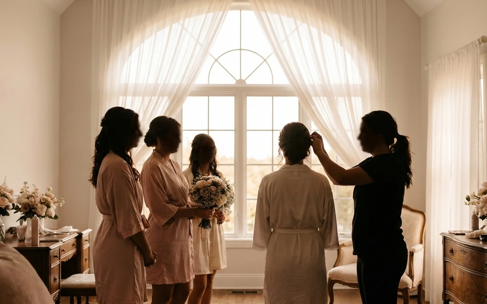 An Adelaide bridal party getting ready in silhouette near a bright window