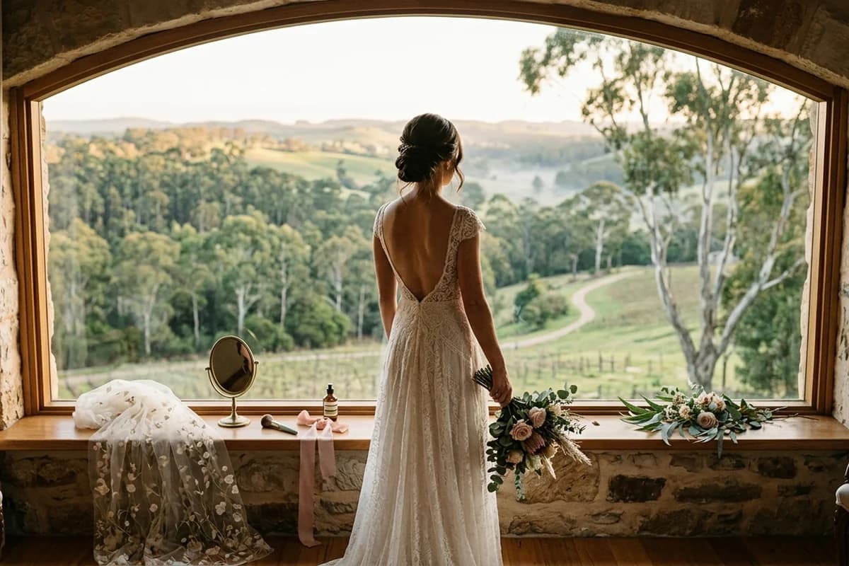 A bride getting ready by a window with Adelaide Hills greenery beyond